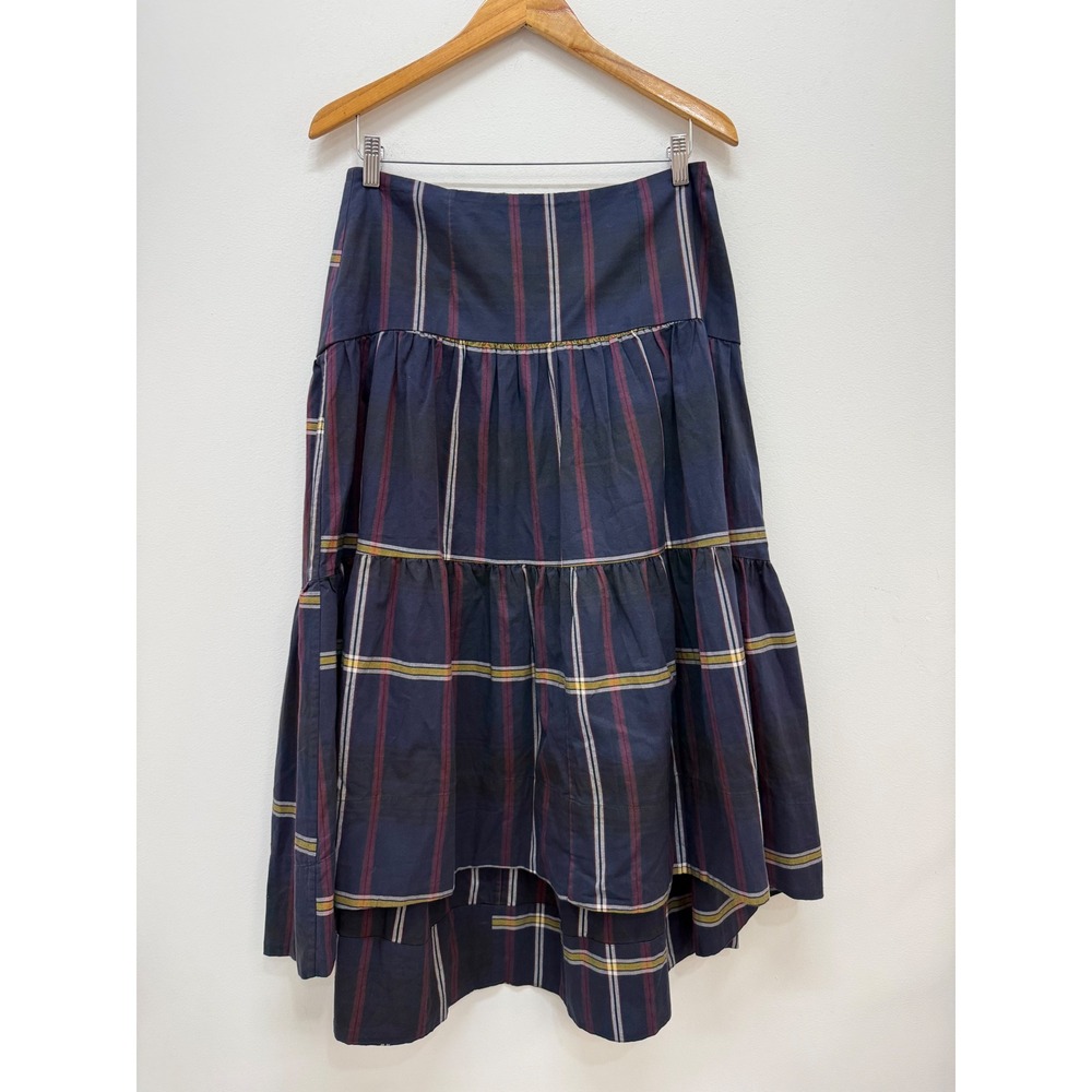 Banana Republic Plaid Tiered Midi Skirt 8 Navy Blue Stretch Cotton Ruffle